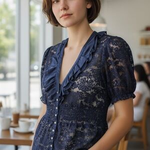 Dots Navy Lace Blouse